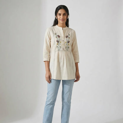White Khadi Cotton Embroidered Shirt