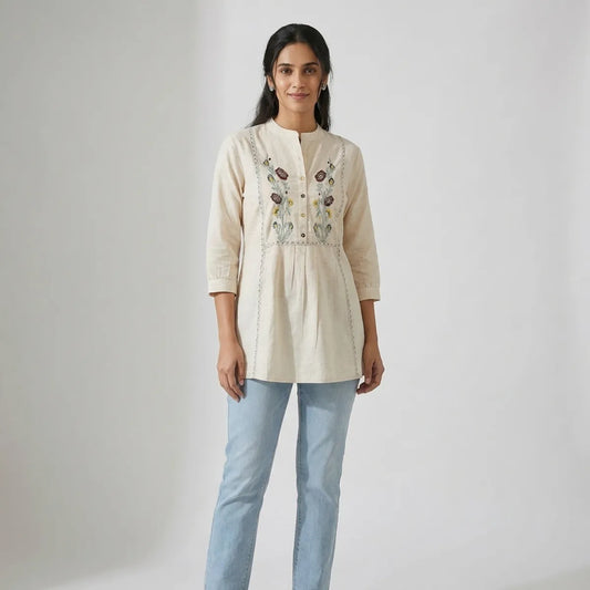 White Khadi Cotton Embroidered Shirt