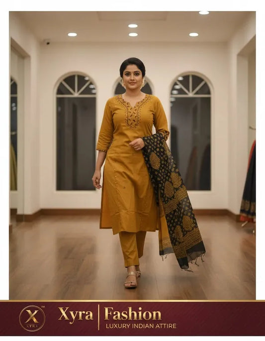 Mustard Yellow Cotton Embroidered