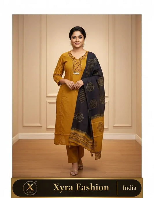 Mustard Yellow Cotton Embroidered
