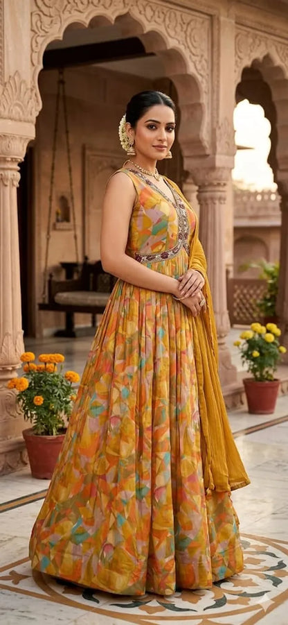 Mustard Silk Blend Printed Gown Set