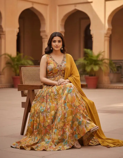 Mustard Silk Blend Printed Gown Set