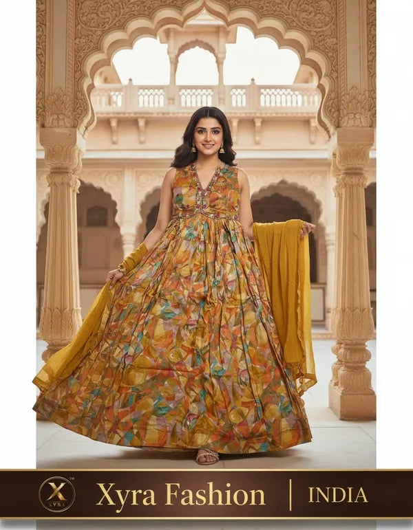 Mustard Silk Blend Printed Gown Set