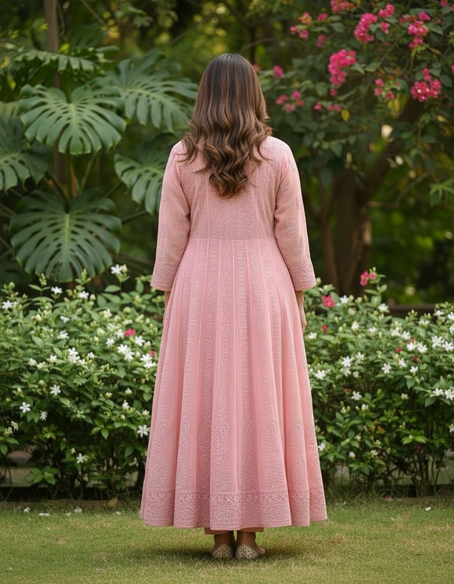 CoralPeach ChikanKari Long Gown