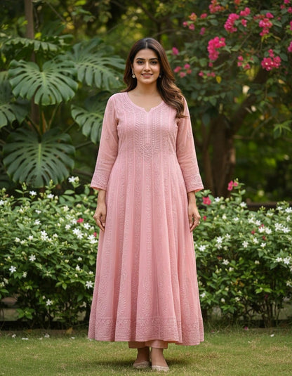 CoralPeach ChikanKari Long Gown