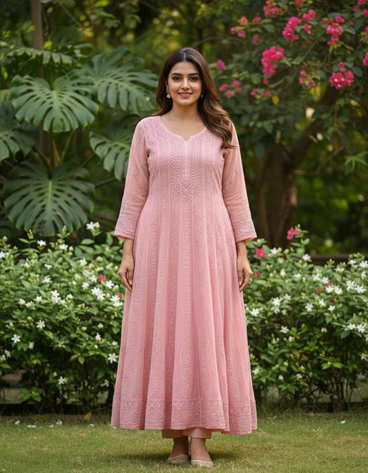 CoralPeach ChikanKari Long Gown