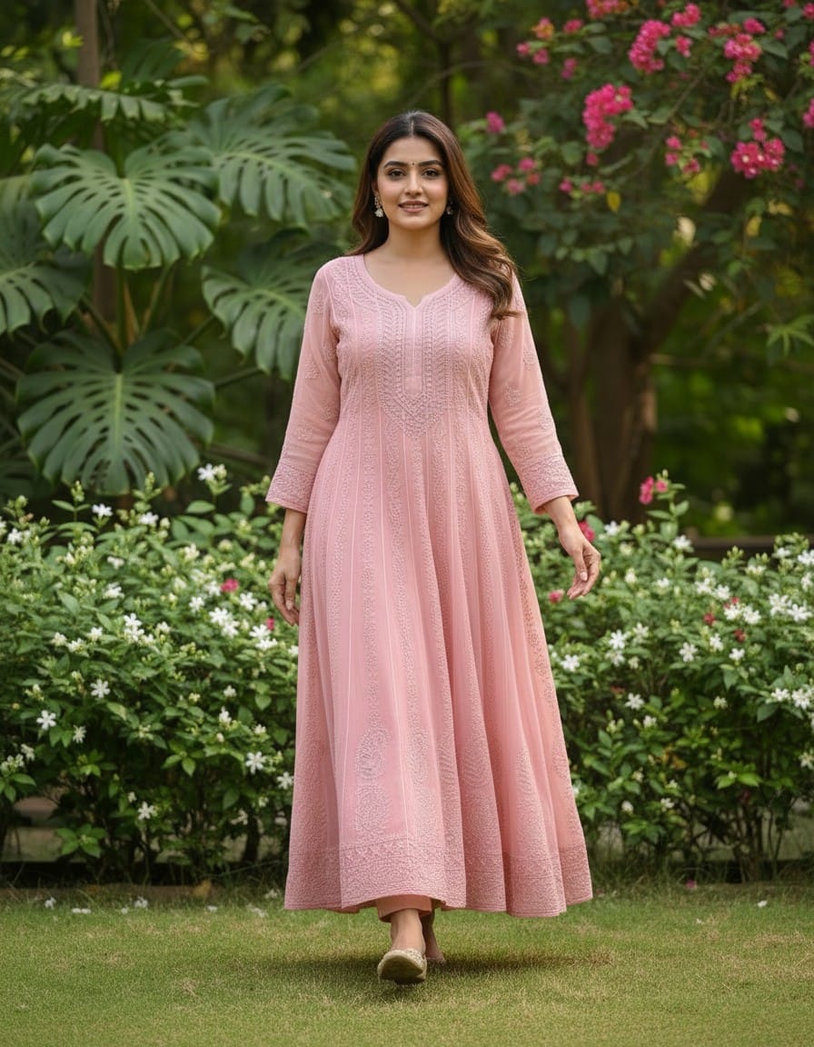 CoralPeach ChikanKari Long Gown
