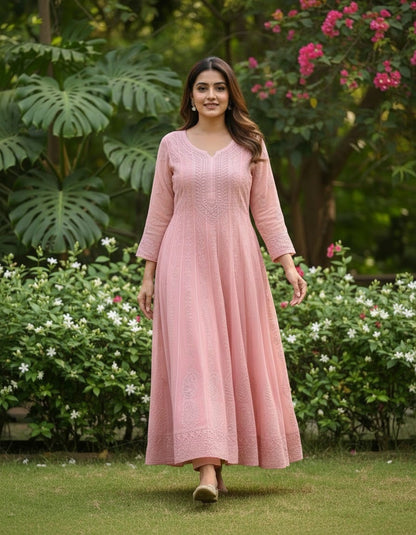 CoralPeach ChikanKari Long Gown