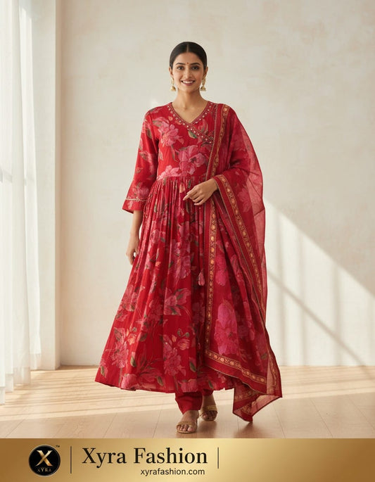 Red Silk Blend Anarkali Suit