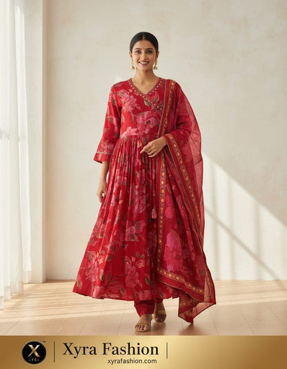 Red Silk Blend Anarkali Suit
