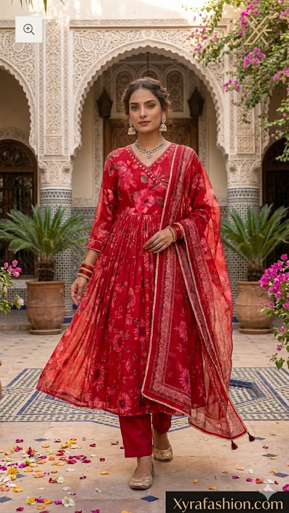Red Silk Blend Anarkali Suit