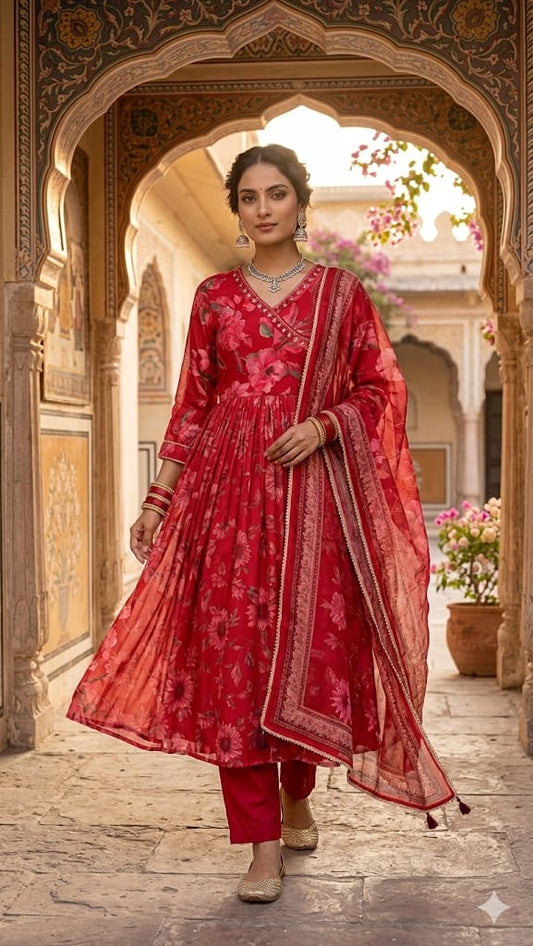 Red Silk Blend Anarkali Suit