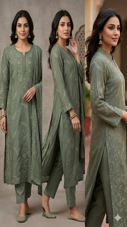Dark Green Chikankari  Kurti