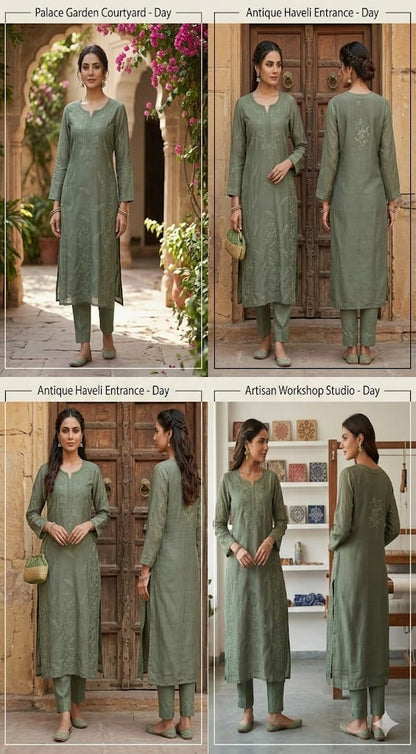 Dark Green Chikankari  Kurti
