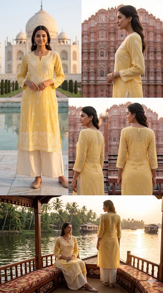 Lemon Viscose Chikankari  Kurti
