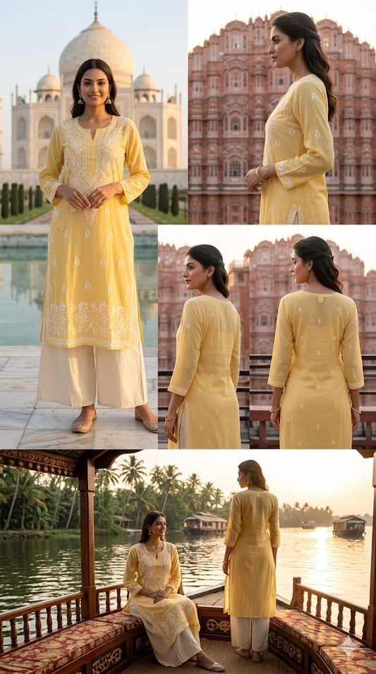 Lemon Viscose Chikankari  Kurti