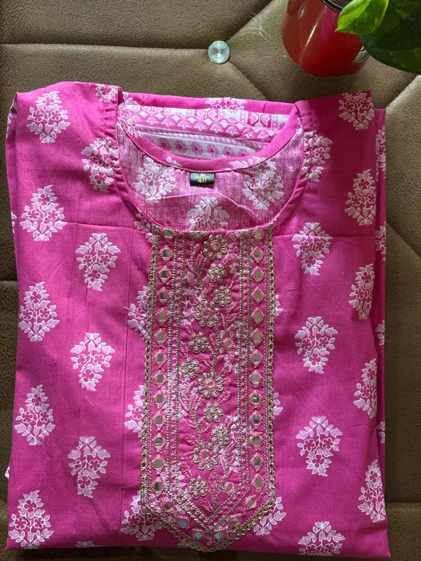Pink Printed Kurta Set With Embroidery