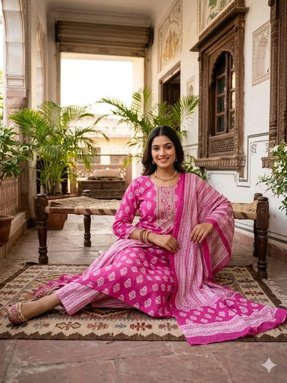 Pink Printed Kurta Set With Embroidery
