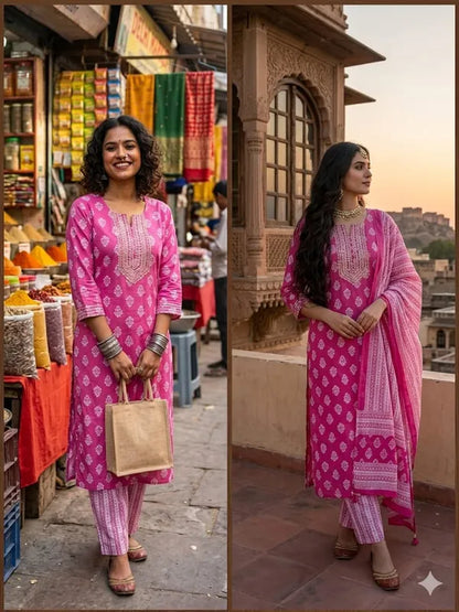 Pink Printed Kurta Set With Embroidery