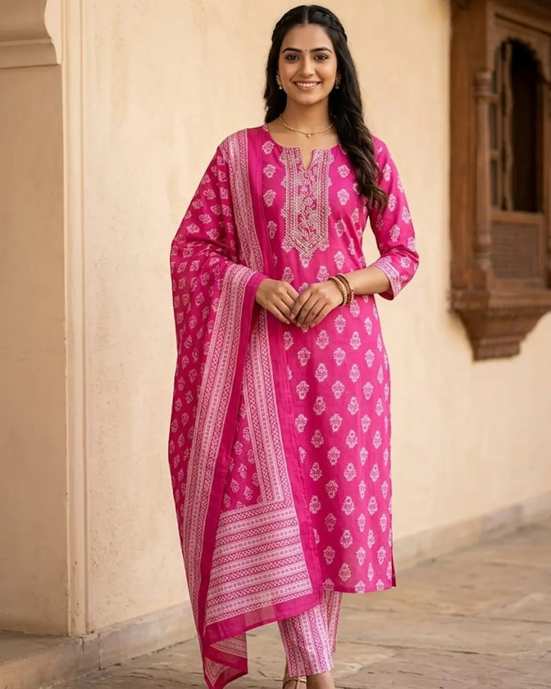 Pink Printed Kurta Set With Embroidery
