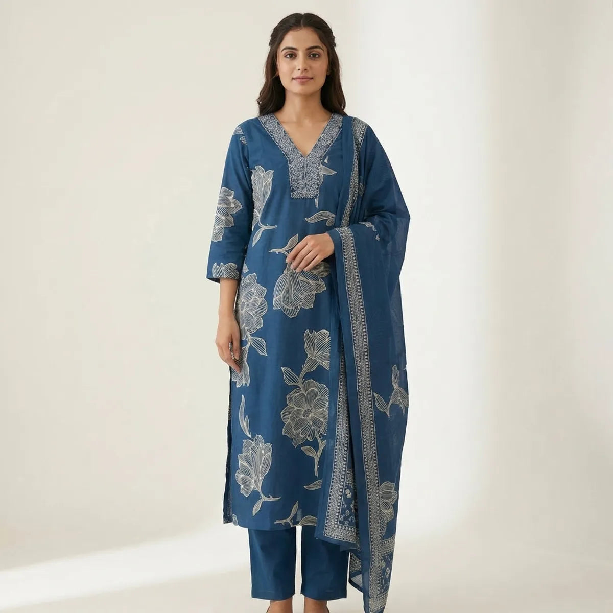 Blue Cotton Blend Embroidered