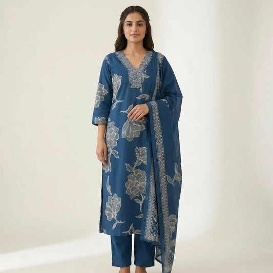 Blue Cotton Blend Embroidered