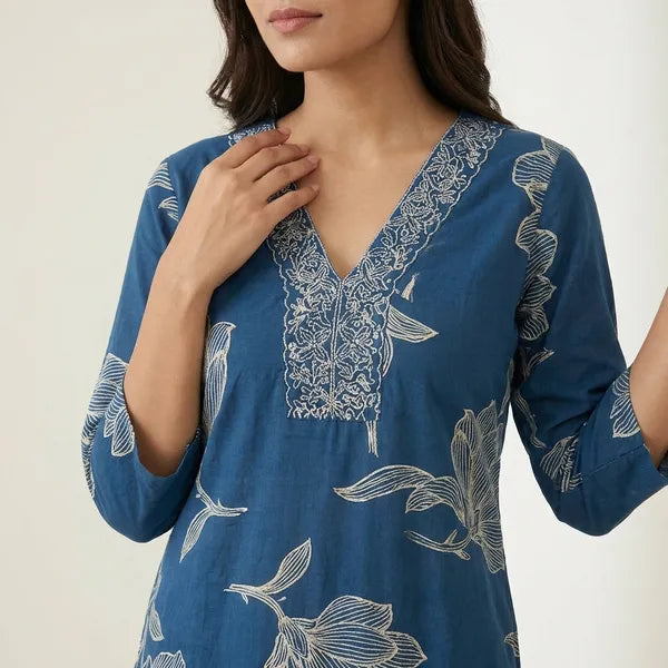 Blue Cotton Blend Embroidered