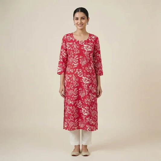 Red Rayon Printed Kurta