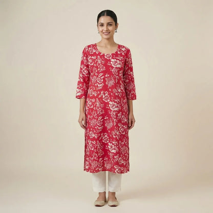Red Rayon Printed Kurta