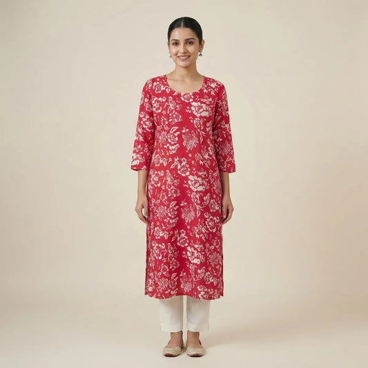 Red Rayon Printed Kurta