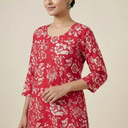 Red Rayon Printed Kurta