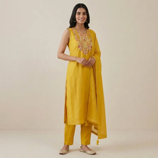 Yellow Silk Blend Embellished Suit Set