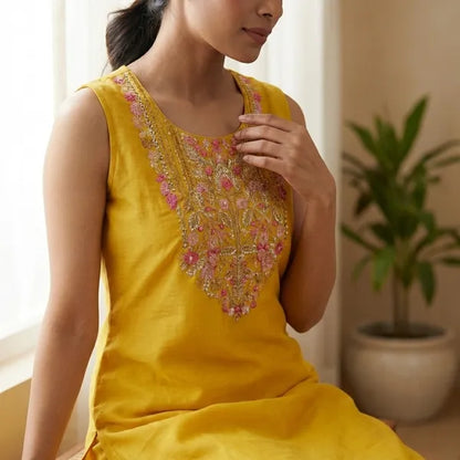Yellow Silk Blend Embellished Suit Set