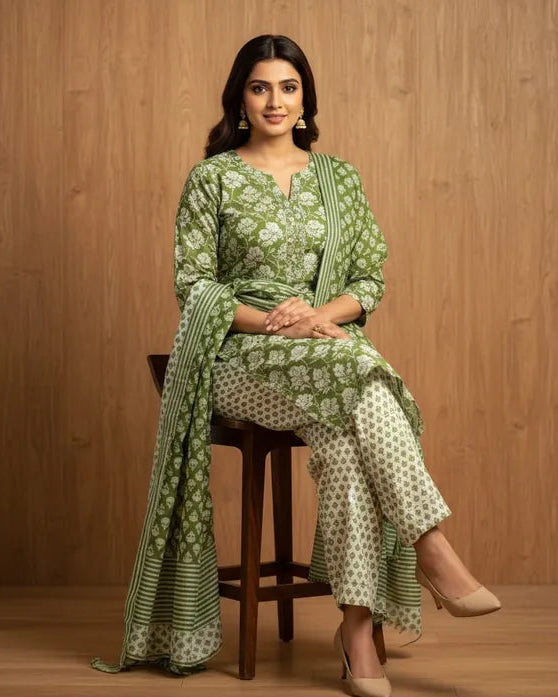 Green And White Cotton Printed Kurti Set