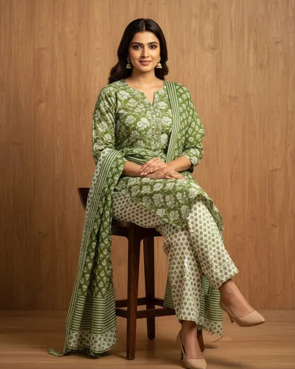 Green And White Cotton Printed Kurti Set