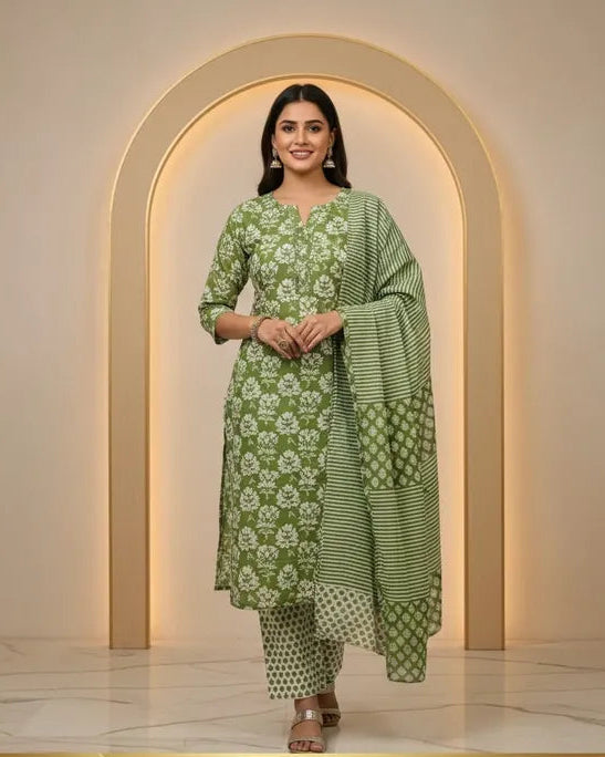 Green And White Cotton Printed Kurti Set