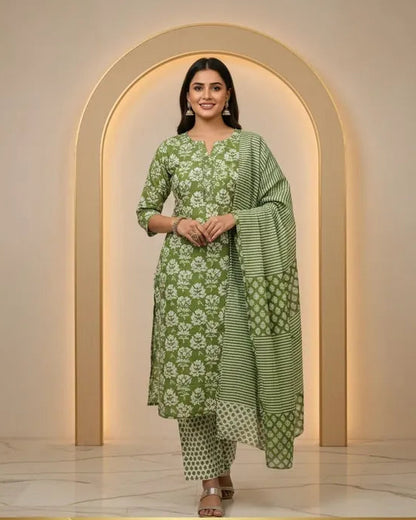 Green And White Cotton Printed Kurti Set