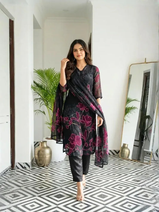 Black Georgette Printed Suit Set
