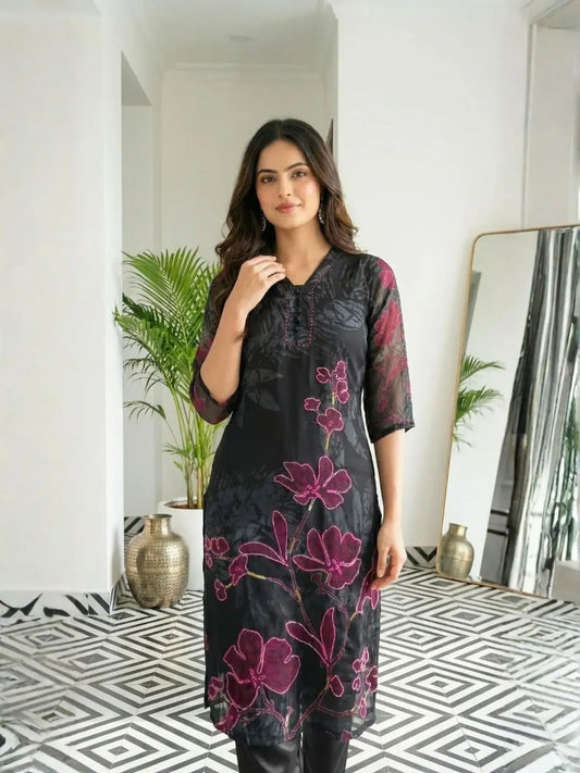 Black Georgette Printed Suit Set