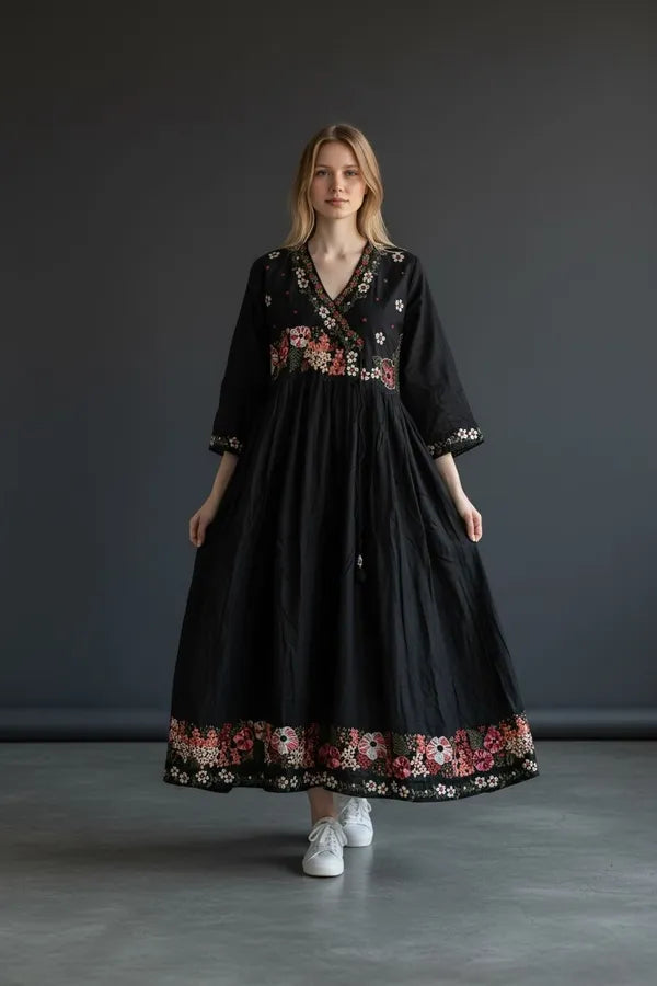 Black Rayon Embroidered Abaya Set