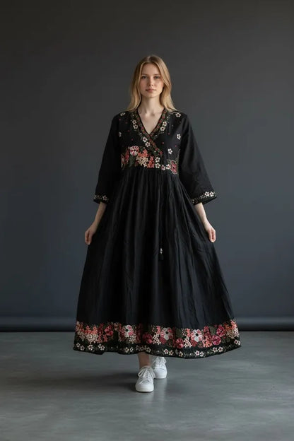 Black Rayon Embroidered Abaya Set