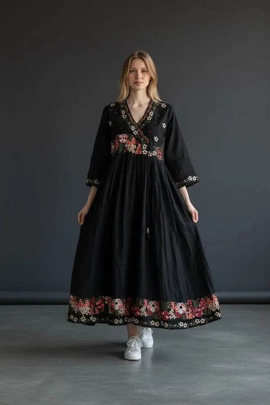 Black Rayon Embroidered Abaya Set