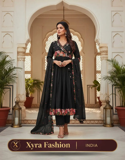 Black Rayon Embroidered Abaya Set