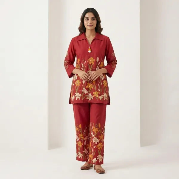 Red Cotton Blend Printed Coord Set