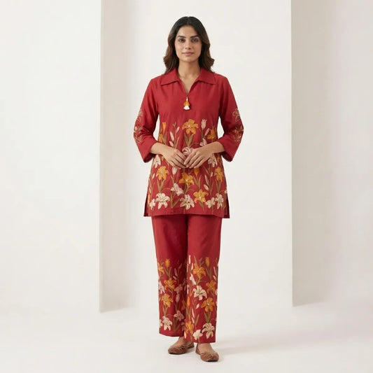Red Cotton Blend Printed Coord Set