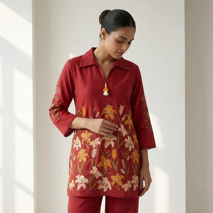Red Cotton Blend Printed Coord Set