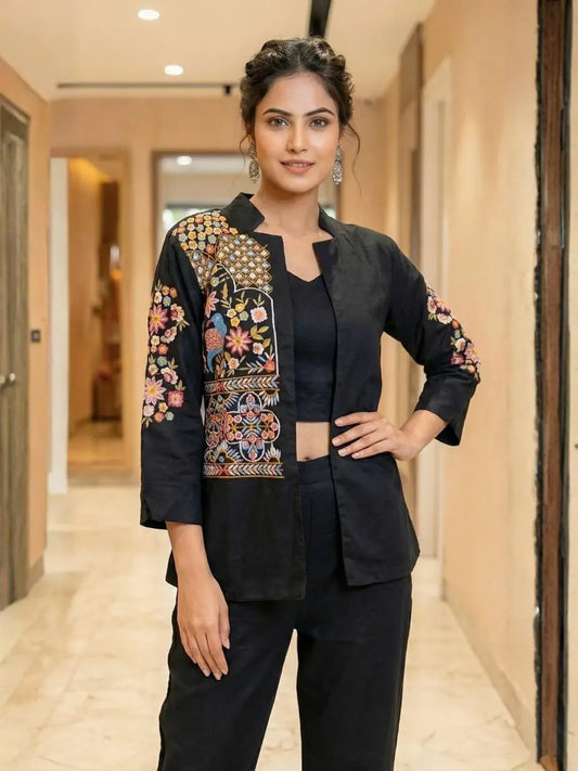 Black Cotton Embroidered With Short Koti