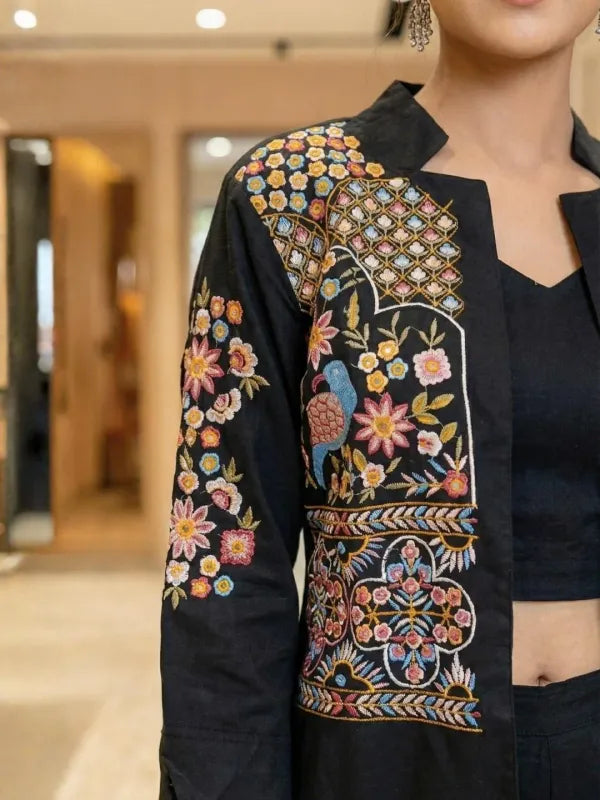 Black Cotton Embroidered With Short Koti