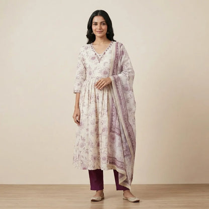 Beige And Purple Cotton Printed Anarkali Suit