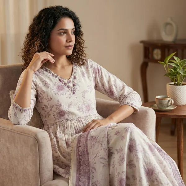 Beige And Purple Cotton Printed Anarkali Suit